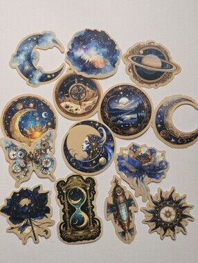 Celestial Blue & Gold Moon and Floral Sticker Pack